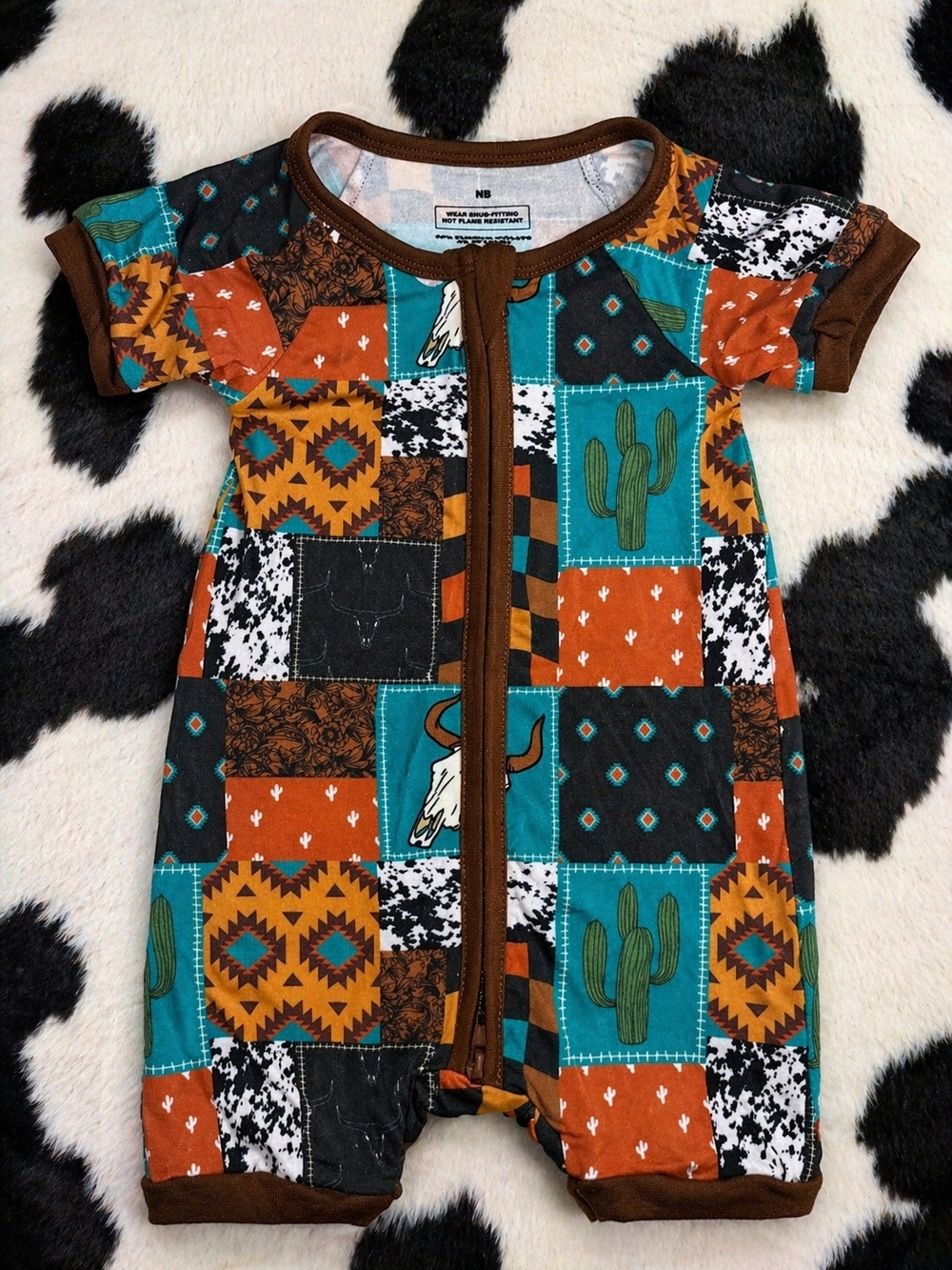 NWOT Western Patchwork Bamboo Shorty in Teal, Rust & Brown
